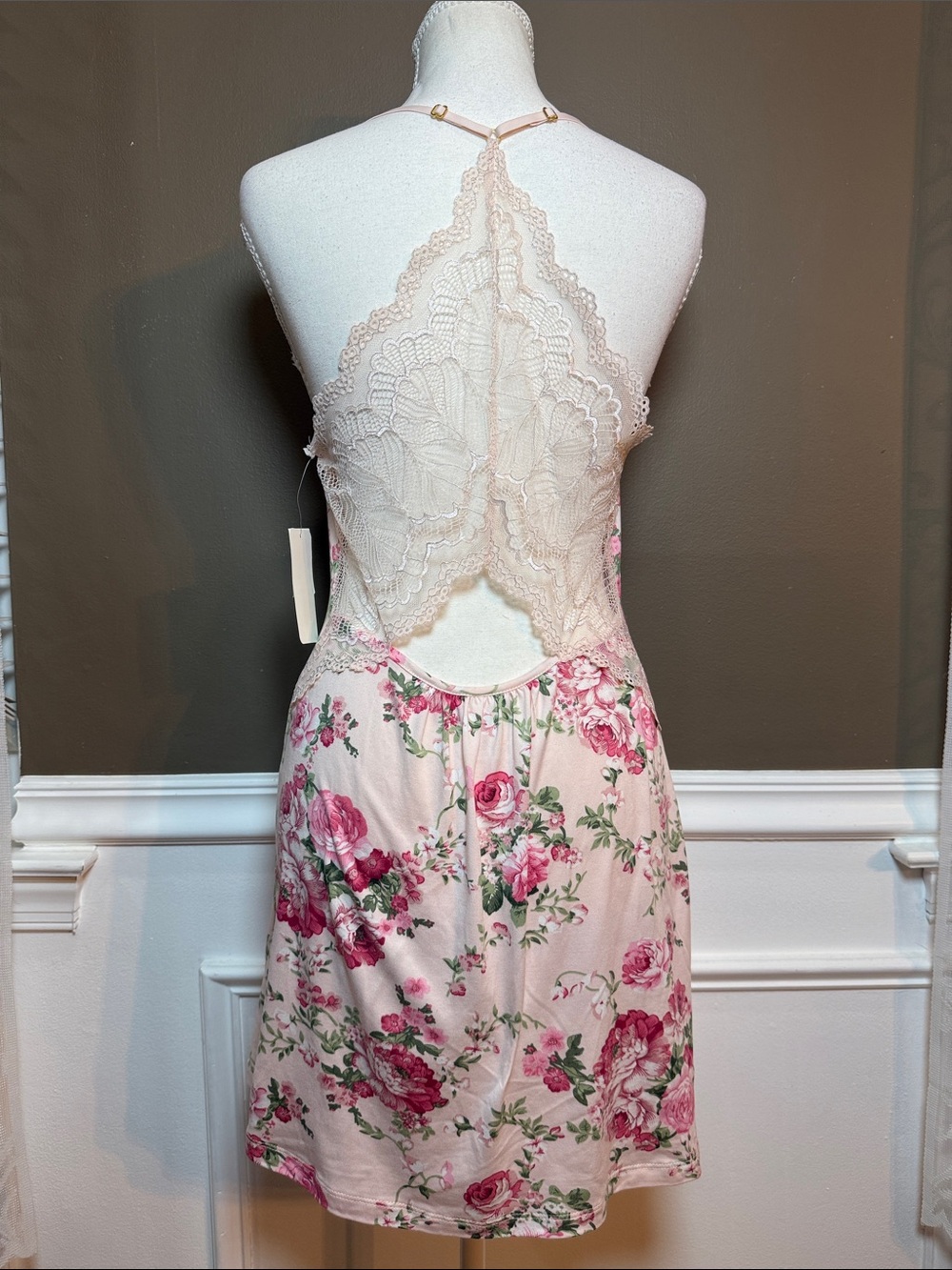 Flora Nikrooz Pink Floral Lace Trim Slip Chemise Nightgown‎ Dress NWT M - Picture 3 of 9